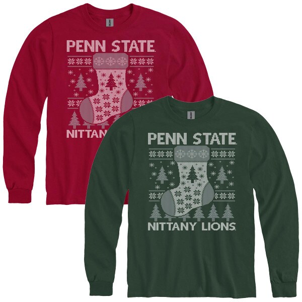 forest green and red long sleeve holiday t-shirts with Penn State Nittany Lions, stocking, trees, and snowflakes